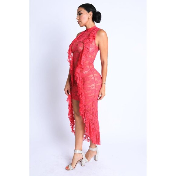 Women's Ruffle Detailed Lace High-Low Dress See Through Party Dress - Picture 7 of 9